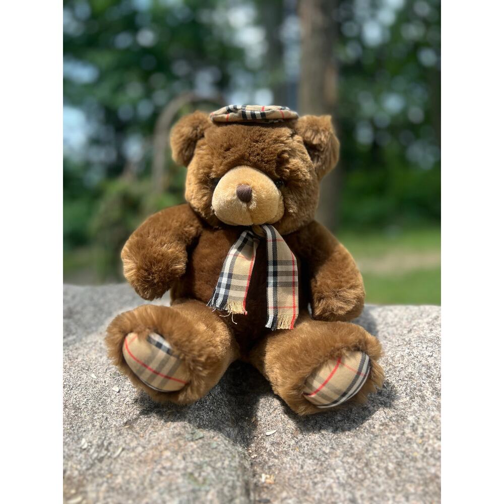 Plush Brown Teddy Bear with Plaid Scarf and Patches